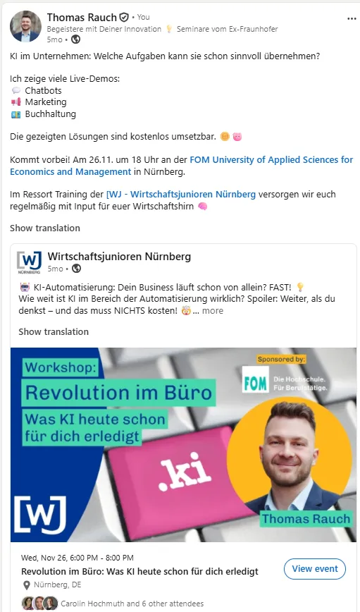 LinkedIn-Post von Thomas Rauch zur Workshop-Reihe 'Revolution im Büro - was KI heute schon für dich erledigt' an der FOM Hochschule Nürnberg
